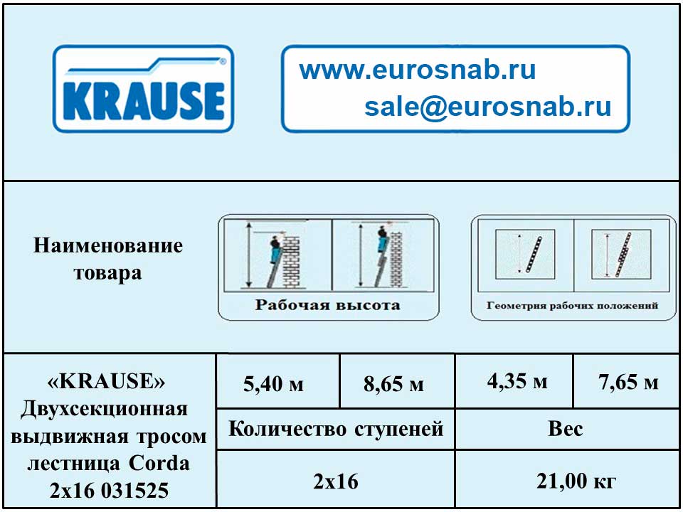 Двухсекционная, вытягиваемая тросом, лестница KRAUSE CORDA 2х16 031525
