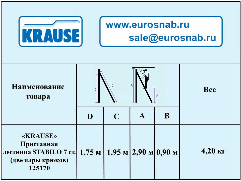 Приставная лестница KRAUSE STABILO 7 ступ, 2 пары крюков 125170