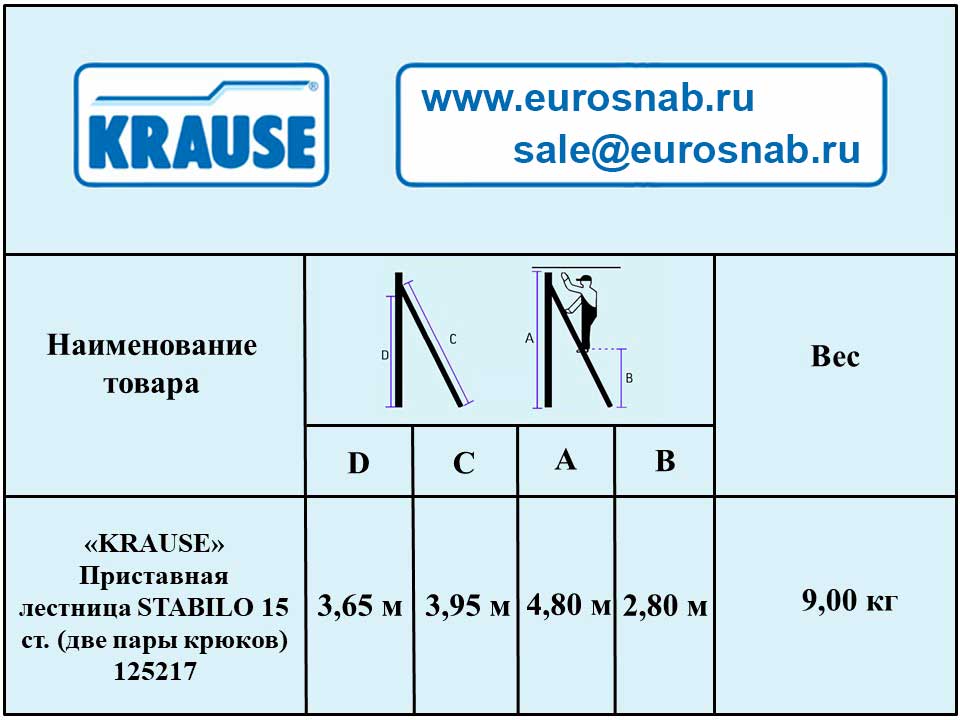 Приставная лестница KRAUSE STABILO 15 ступ, 2 пары крюков 125217