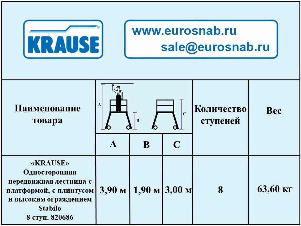 Односторонняя передвижная лестница с платформой, с плинтусом и высоким ограждением KRAUSE Stabilo 8 ст. 820686