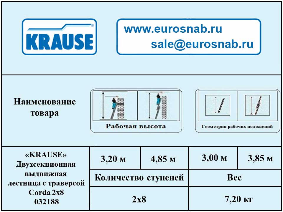 Двухсекционная выдвижная лестница с траверсой KRAUSE CORDA 2х8 032188