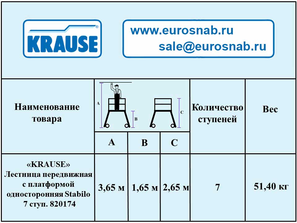 Лестница алюминиевая передвижная с платформой односторонняя KRAUSE STABILO 7 ст. 820174