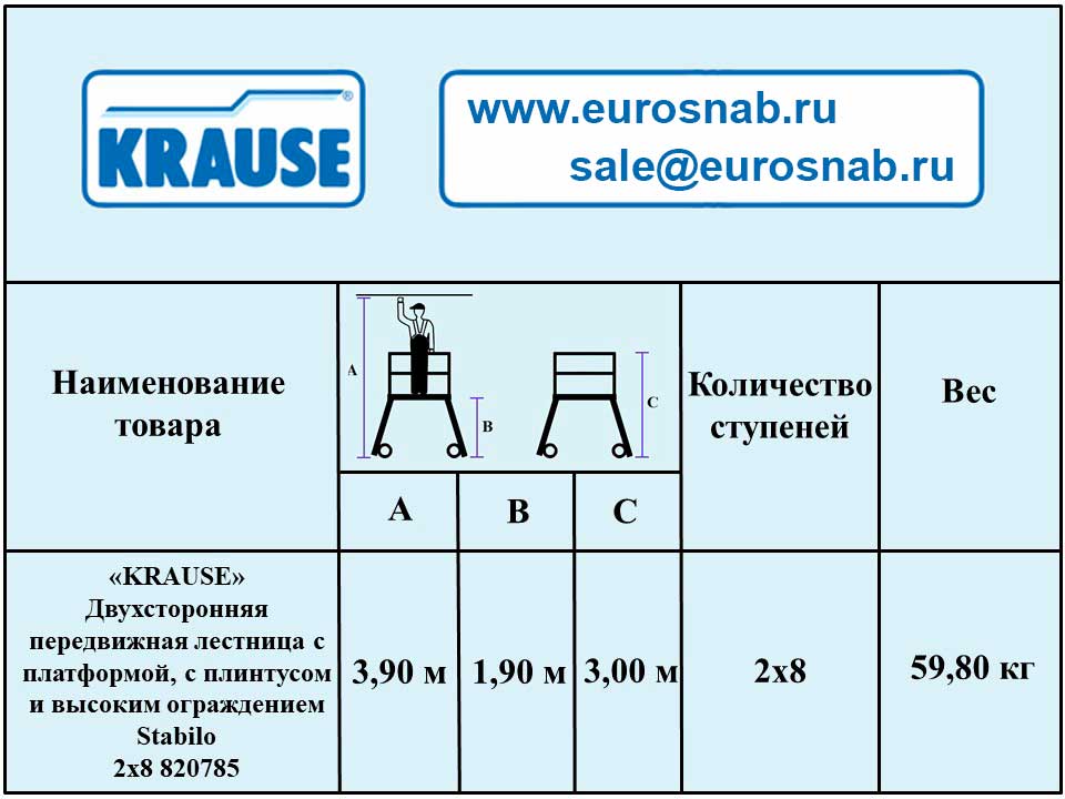 Двухсторонняя передвижная лестница с платформой, с плинтусом и высоким ограждением Stabilo 2х8 820785