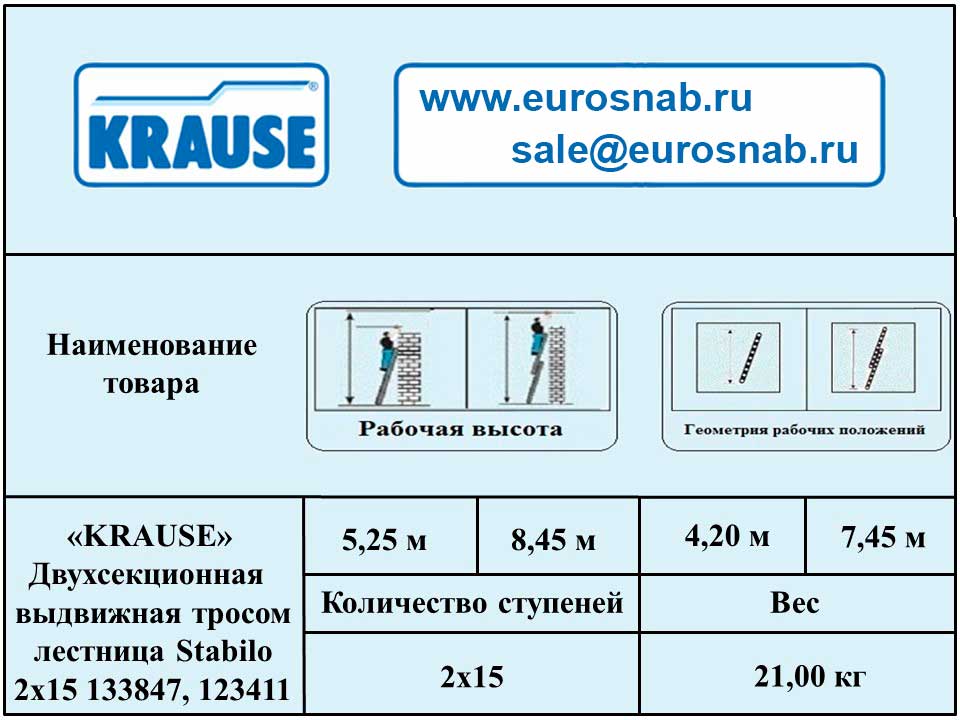 Двухсекционная лестница с перекладинами, выдвигаемая тросом KRAUSE STABILO 2х15 133847, 123411