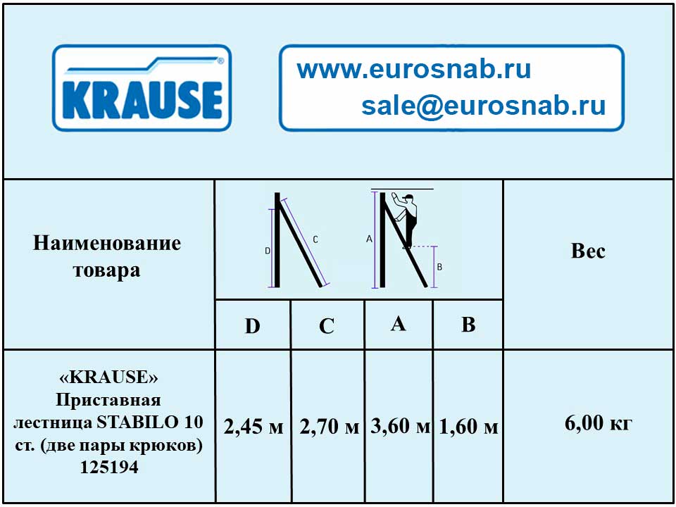 Приставная лестница KRAUSE STABILO 10 ступ, 2 пары крюков 125194