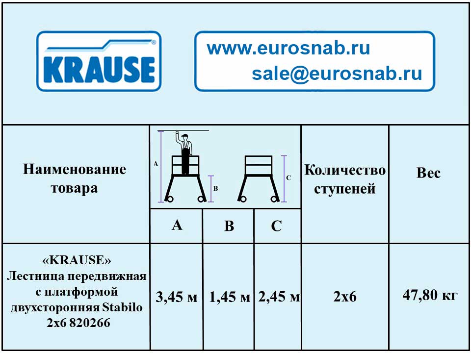 Лестница алюминиевая передвижная с платформой двухсторонняя KRAUSE STABILO 2х6 820266