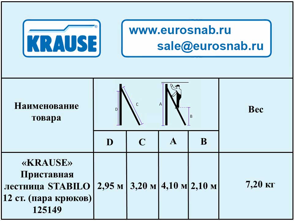Приставная лестница KRAUSE STABILO 12 ступ, пара крюков 125149